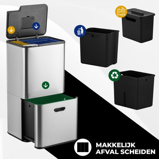 Bayt Prullenbak 60 Liter - Vuilnisbak 60 Liter - Prullenbak Afvalscheiding - 2 Compartimenten - RVS - Zilver