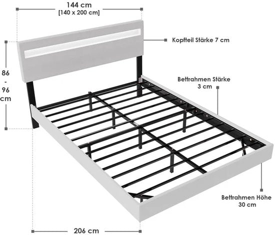 Zwevend Bed Lissabon - 140x200cm - Kunstleer - Incl. LED - Wit