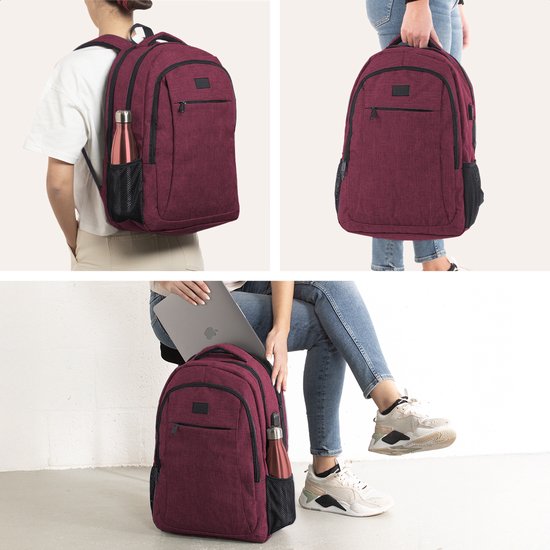 TRVLMORE Rugzak - Rugtas met 17,3 Inch Laptopvak - Schooltas - Spatwaterdicht - Heren en Dames - Jongens en Meisjes - 36L - Burgundy