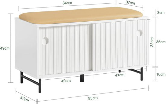 SoBuy FSR116-W Schoenenbank - Witte Opbergbank met Zitkussen & Schuifdeuren