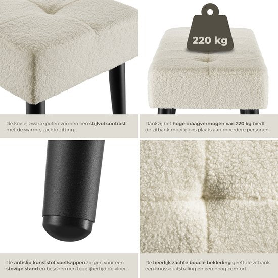 tectake® Gestoffeerd Bankje - 95 x 38 x 45 cm - Stikpatroon - Draagkracht 220 kg - Zitbank - Halbank - Bank voor Woonkamer, Slaapkamer, Bedeinde - Bouclé Crème