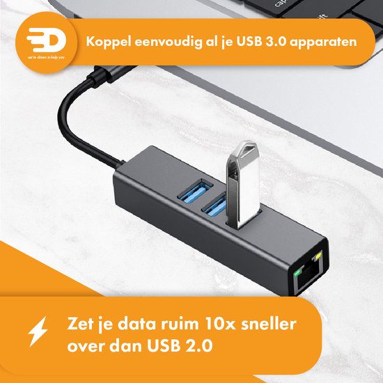 Drivv. USB C naar Ethernet Adapter met 3 USB 3.0 poorten - 100/1000 MBps - Internet Adapter - Netwerkadapter