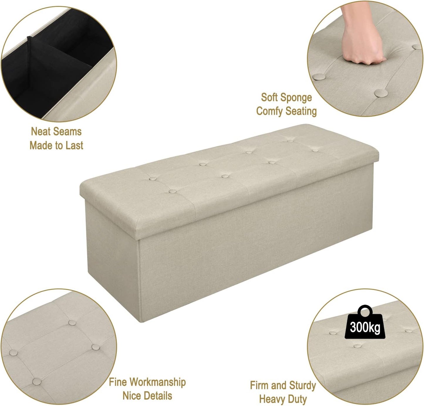 Woltu Opvouwbare Opbergbank met Opbergruimte - 118 Liter - 110 x 37,5 x 38 cm - Crème-Wit Linnen - Belastbaar tot 300 kg