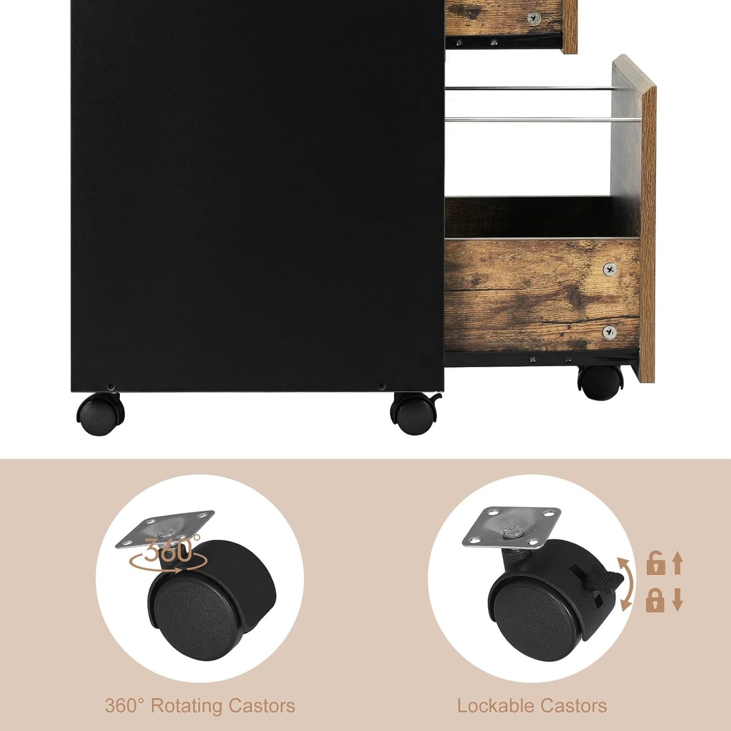 Woltu Mobiele Archiefkast – Rolcontainer met 3 Laden en Wielen – Industrieel Donker Eiken/Zwart – 40 x 40 x 70 cm