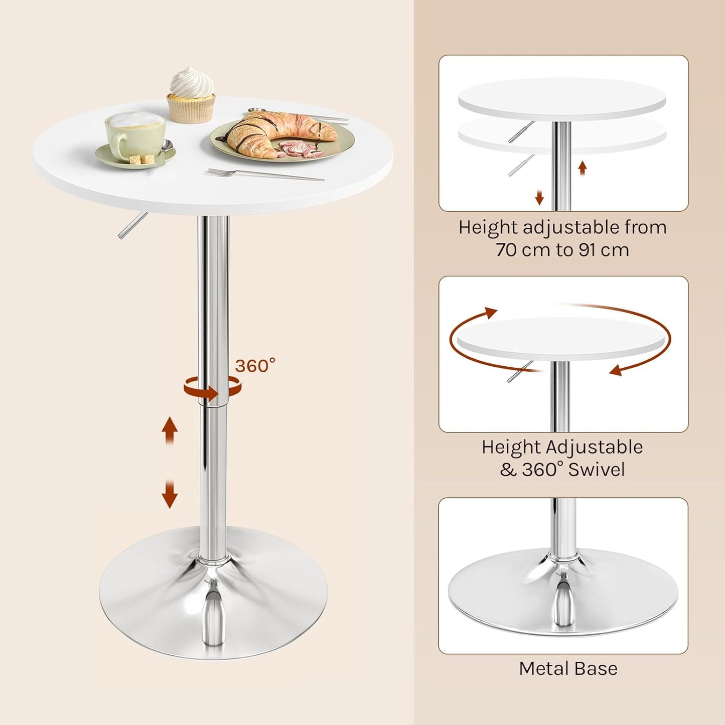 Woltu BT02ws Bartafel verstelbaar - Rond 60x60 cm - Hoogte 68-88 cm - Wit