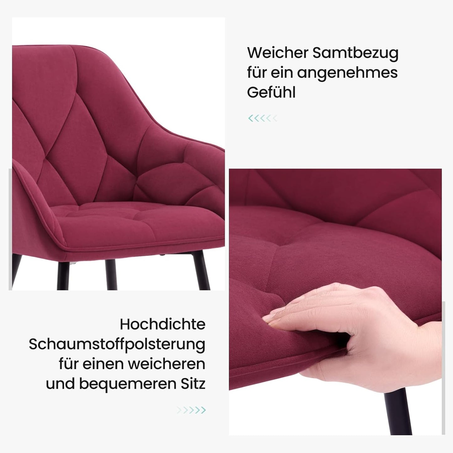 Woltu EZS02bd-1 Eetkamerstoel - Fluweel Bordeaux - 56 x 53 x 83,5 cm - Ergonomische Armstoel met Metalen Poten