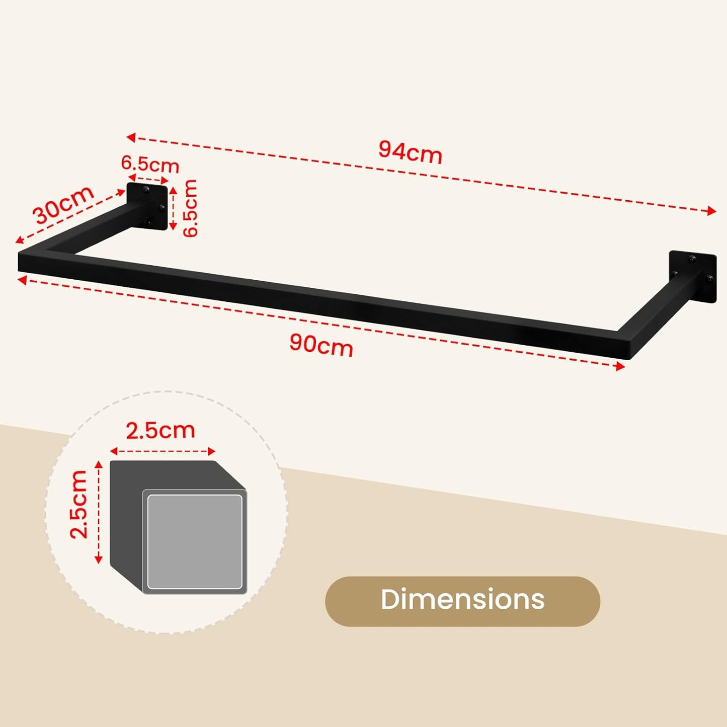 eSituro Wandkledingstang industrieel zwart – 94 x 30 x 6,5 cm – ruimtebesparende wandkapstok tot 50 kg