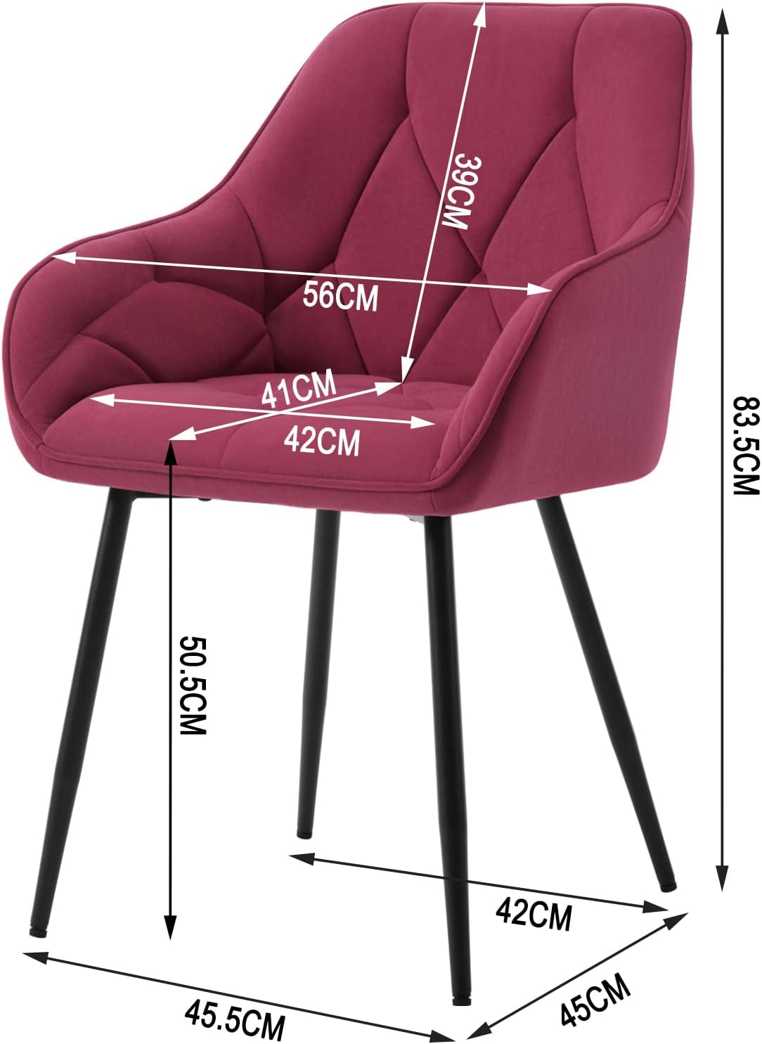 Woltu EZS02bd-1 Eetkamerstoel - Fluweel Bordeaux - 56 x 53 x 83,5 cm - Ergonomische Armstoel met Metalen Poten