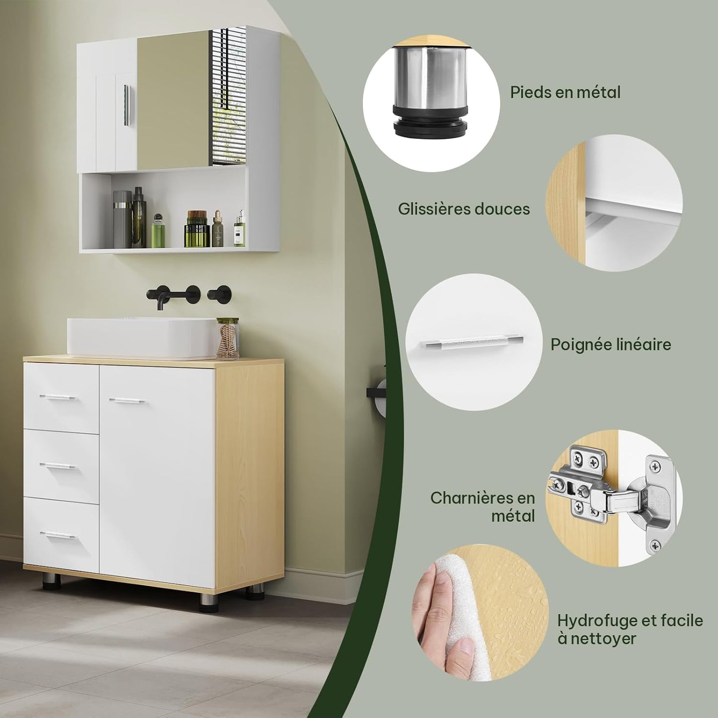 Eugad Badkamerkast Wit/Licht Eiken - 60 x 60 x 30 cm - 3 Lades - Verstelbare Plank
