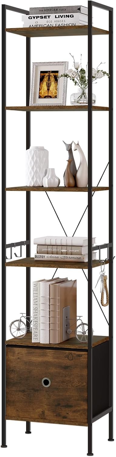 Woltu Boekenkast met 5 Planken en 1 Lade - Metaal/Rustiek Bruin en Zwart - 40 x 30 x 187 cm