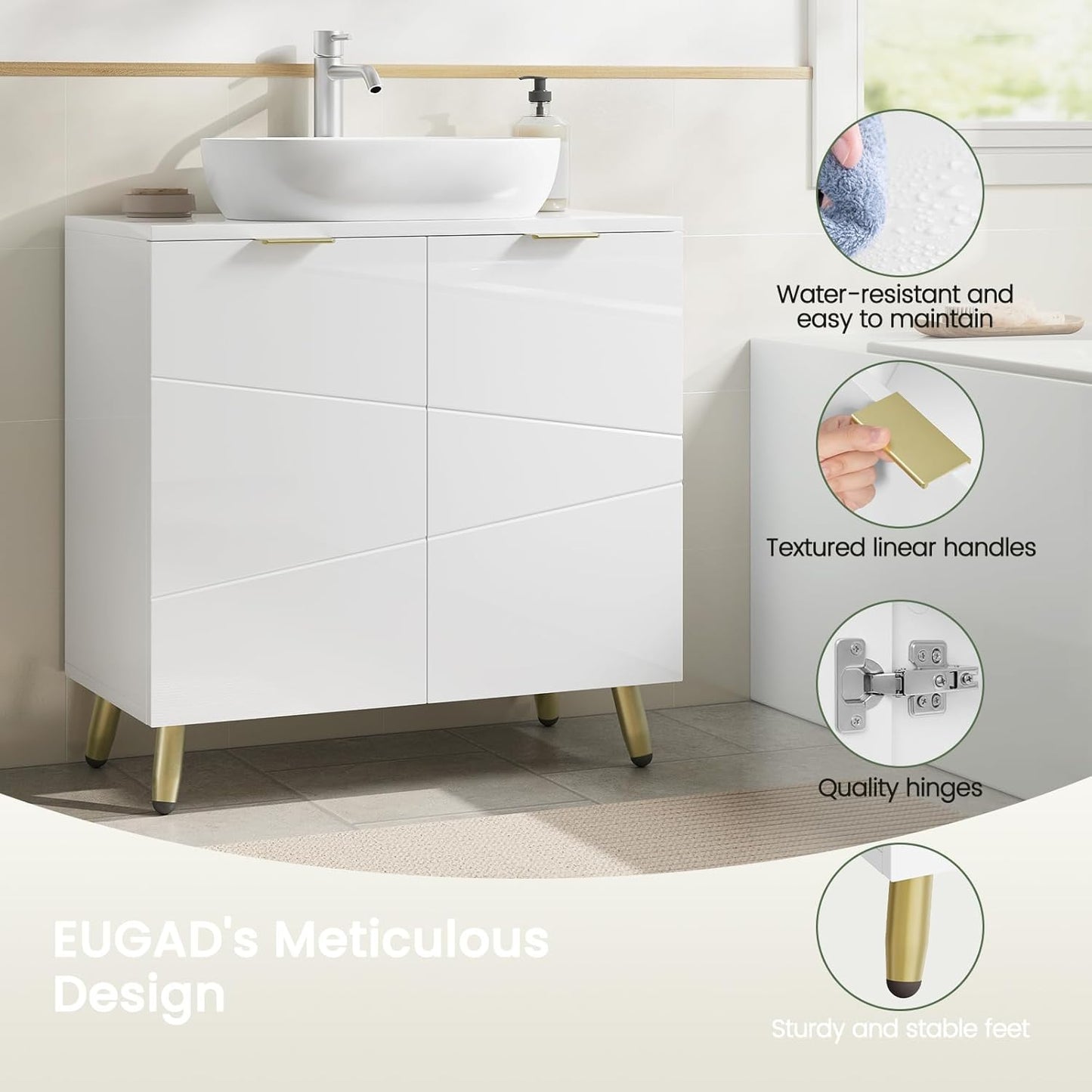 EUGAD Wastafelonderkast Wit Hoogglans - 60 x 60 x 30 cm - 2 Deuren