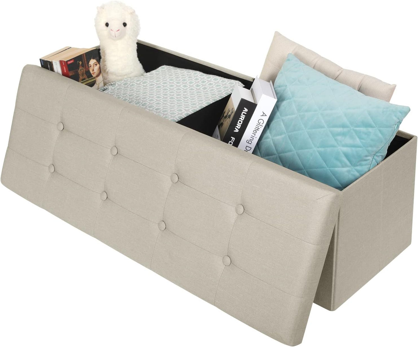 Woltu Opvouwbare Opbergbank met Opbergruimte - 118 Liter - 110 x 37,5 x 38 cm - Crème-Wit Linnen - Belastbaar tot 300 kg