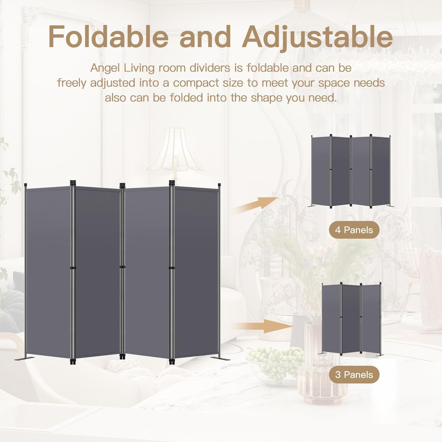 Angel Living Kamerscherm 4-Panelen – Stabiele Roomdivider & Inkijkbescherming van Staal en Polyester, Opvouwbaar – Grijs
