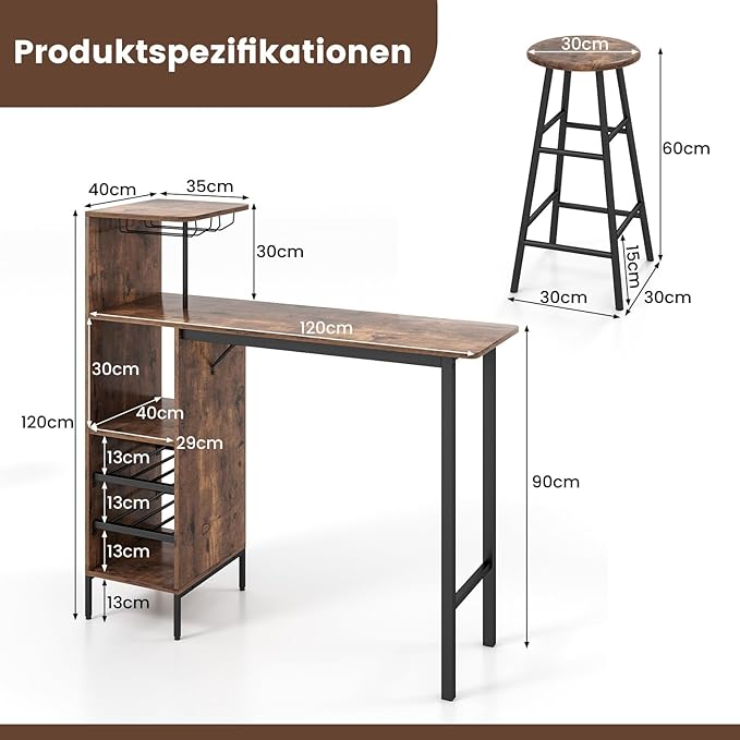 Coast Bartafelset Met Wijnrek en 2 Krukken - 3-delig - Zwart/Bruin