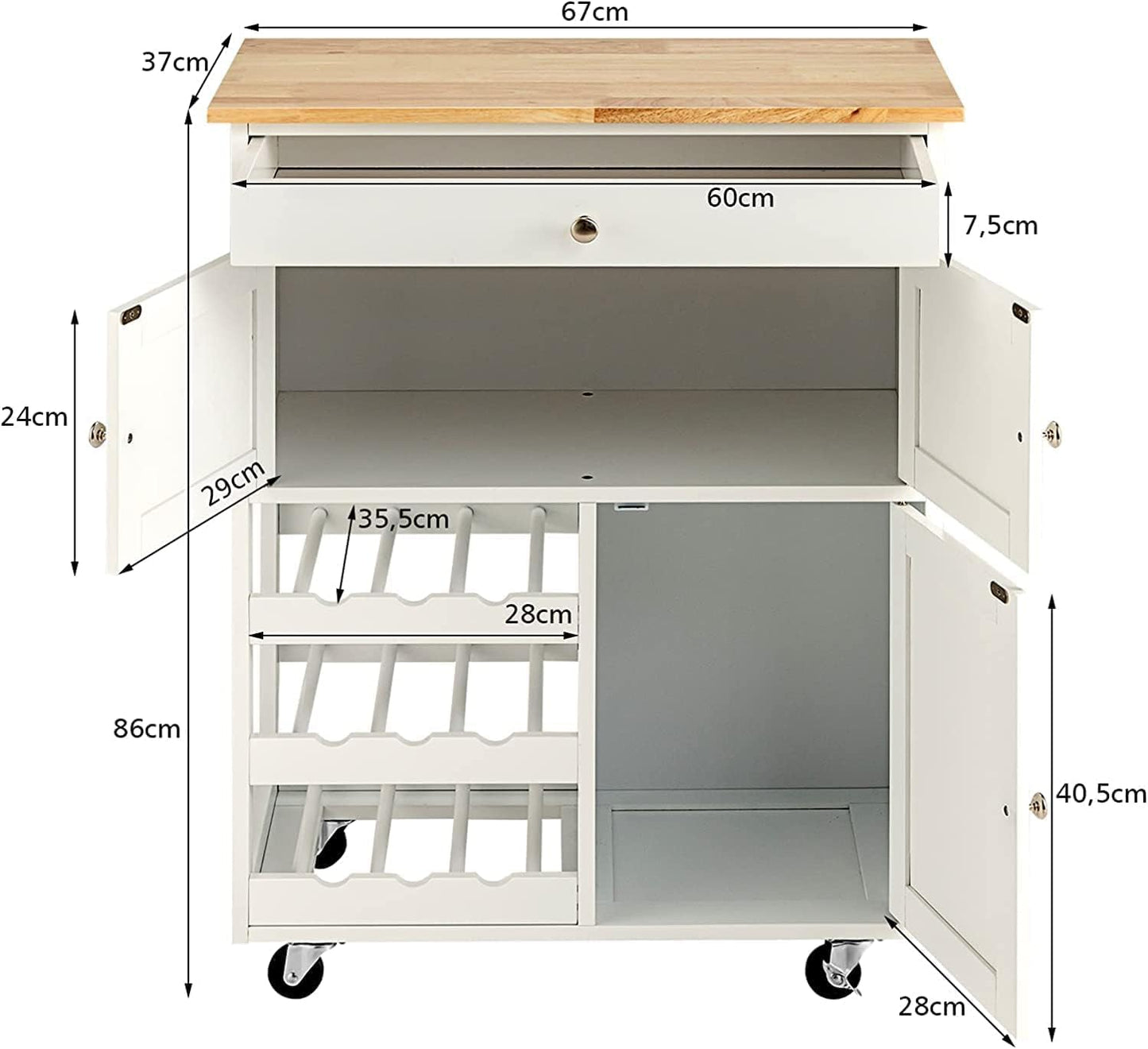 Coast Keukentrolley op wielen - Max. 20 kg - 67 x 37 x 86 cm - Wit