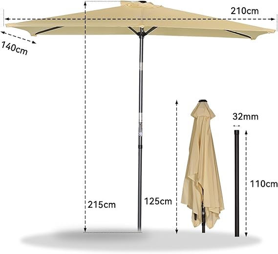 Angel Living Tuinparasol Rechthoekig – Voorzien Van Opdraaimechanisme Met Slinger En Ventilatieopening En Verstelbare Kap – Voor Tuin En Balkon – Beige Polyester En Aluminium – 210x140 cm