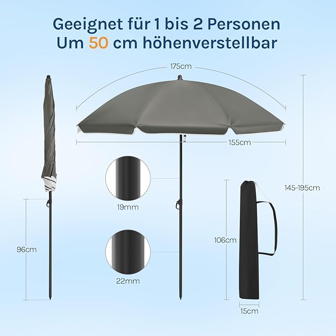 WOLTU GSS0007dgr03 - Balkon parasol 175 cm - UPF 50+ UV bescherming - Verstelbaar en kantelbaar - Donkergrijs