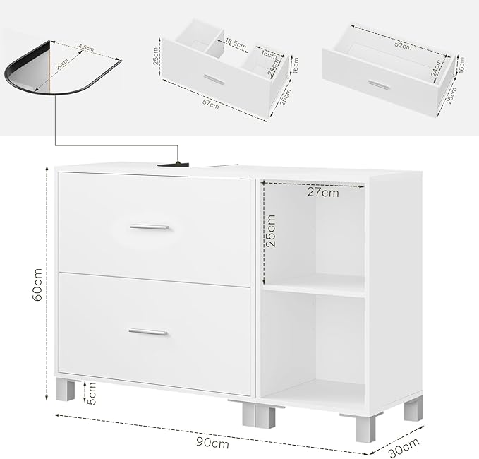eSituro SBP0098 wastafel onderkast badkamermeubel - wit - 2 grote lades - zij kast links of rechts te plaatsen