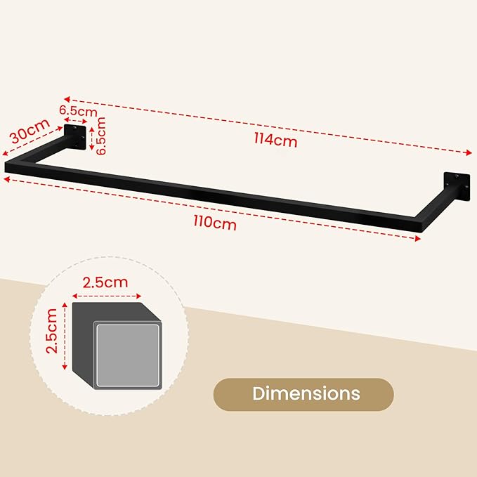 eSituro SGR0170 wand kledingroede set van 2 - rechthoekige kledingstang - industrieel ijzer - zwart 114 cm