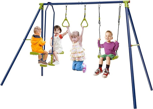 Coast Schommelset Kind – 3-in-1 met Wip & Gymringen – max. 200 kg – 278 x 142 x 177 cm – Blauw/Groen