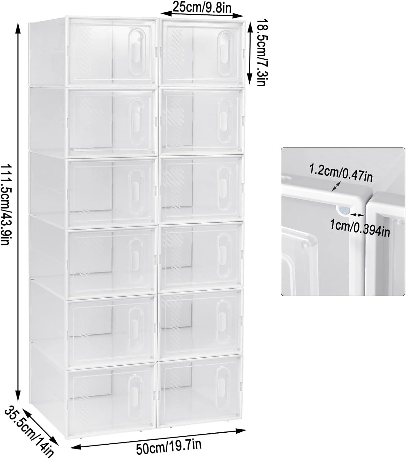 Woltu Schoenendozen Transparant Wit - 12 Stuks - Stapelbaar & Opvouwbaar - Met Voorklep - 25x19x35 cm