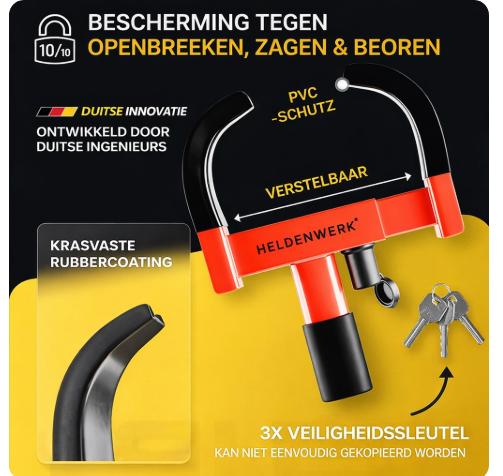 HELDENWERK – Parkklauw & Wielklem – Voor 18-30 cm Bandbreedte – Zwart & Rood Gelegeerd Staal – Met Hoog Veiligheidsslot & 3 Sleutels – Diefstalbeveiliging – Maximaal Veilig