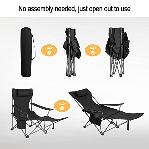 Woltu Vouwstoel Set van 2 - Lichtgewicht Campingstoel met Uittrekbare Voetensteun en Afneembare Hoofdsteun - Zwart - 115x84x88,5 cm