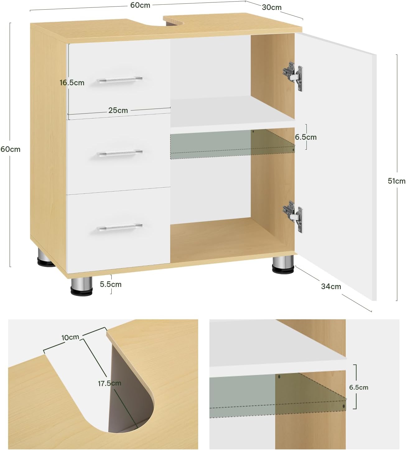 Eugad Badkamerkast Wit/Licht Eiken - 60 x 60 x 30 cm - 3 Lades - Verstelbare Plank
