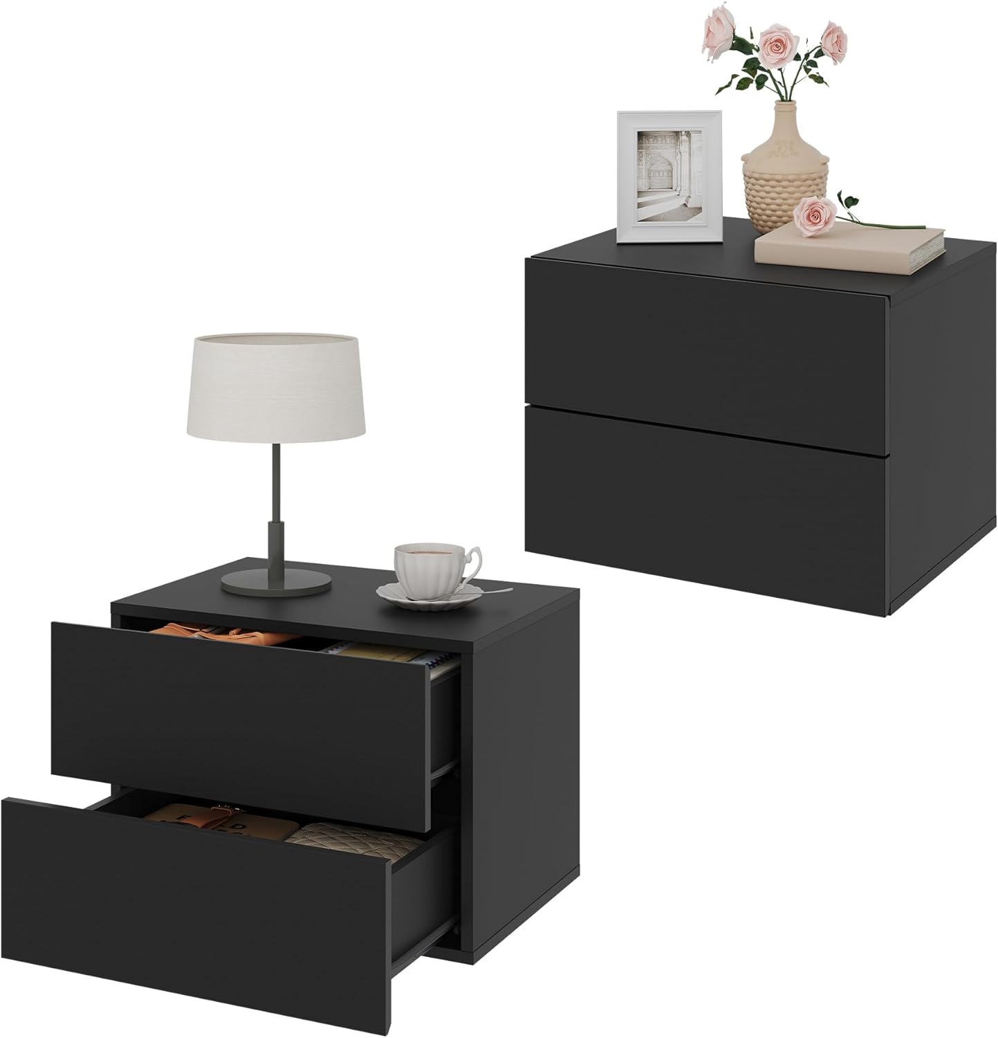 Woltu Zwevende Nachtkastjes Set van 2 – Zwart – 40 x 30 x 30 cm – Modern Wandnachtkastje met Lade