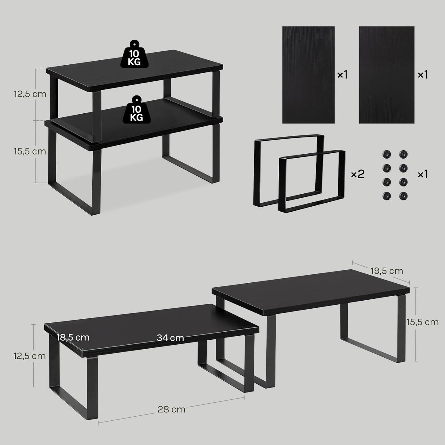 Woltu 2-delig Stapelbaar Kruidenrek - Zwart - MDF & Metaal - 34 x 19,5 x 15,5 cm