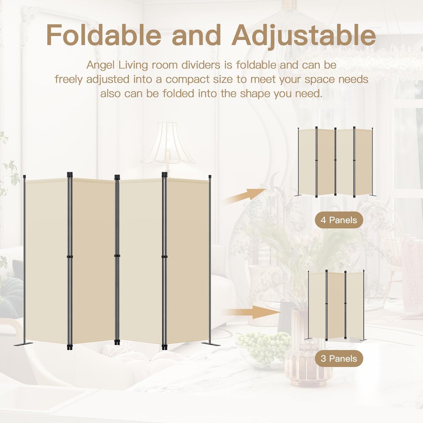 Angel Living Kamerscherm - 4-delig - 224x165 cm - Opvouwbaar - Staal & Polyester - Ruimteverdeler & Inkijkbescherming - Beige