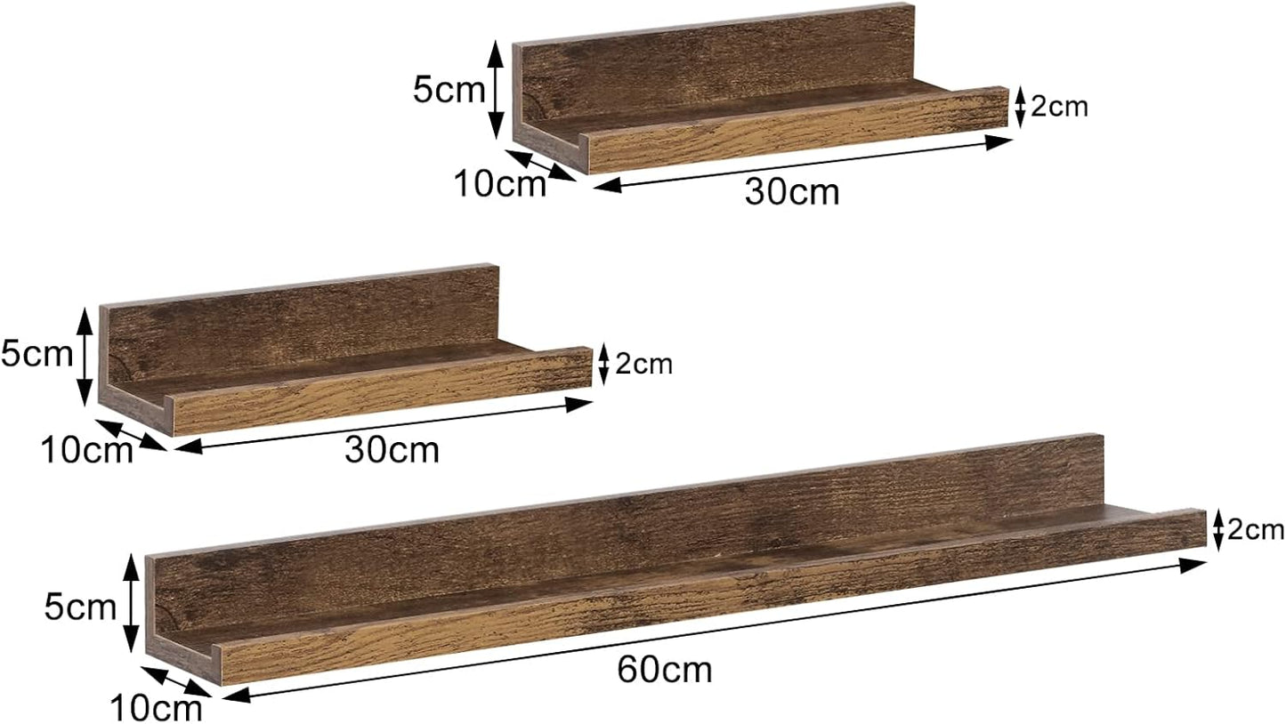 Woltu RG9491HOV Wandplanken Set van 3 - 60 x 10 x 5 cm - Vintage Bruin - Zwevende Fotoplanken met Opstaande Rand