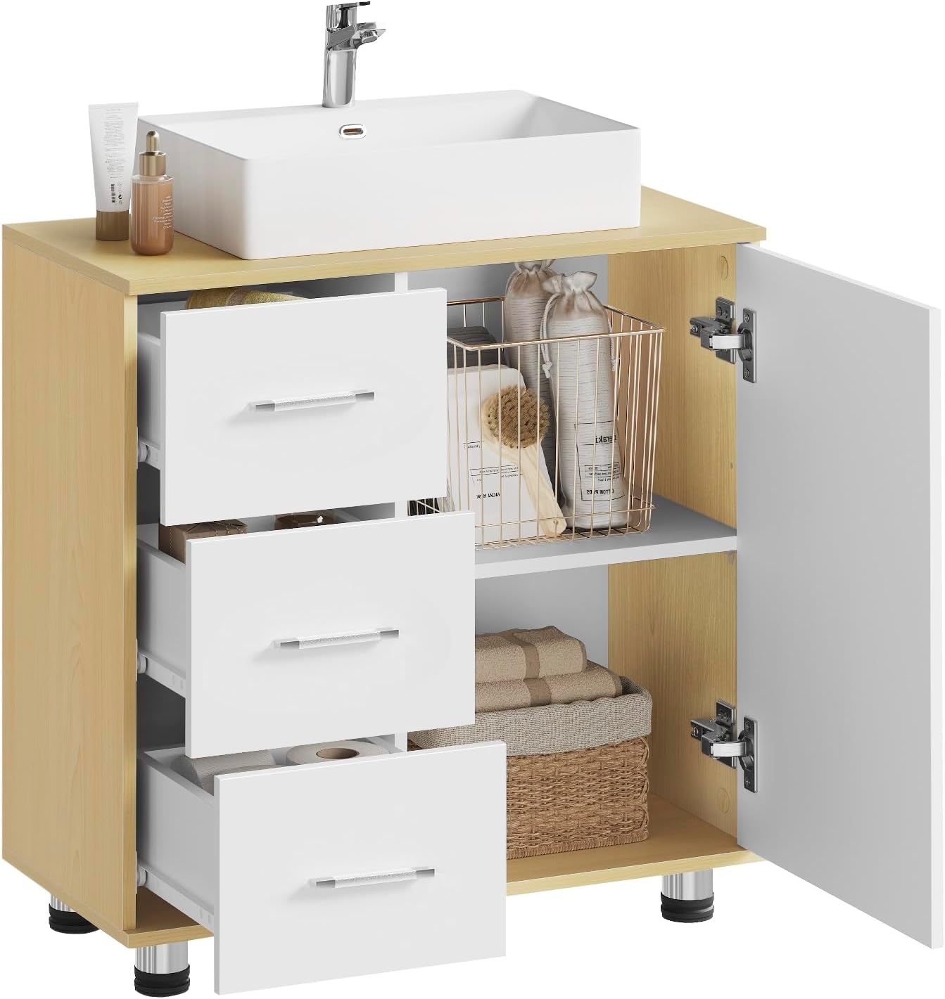 Eugad Badkamerkast Wit/Licht Eiken - 60 x 60 x 30 cm - 3 Lades - Verstelbare Plank