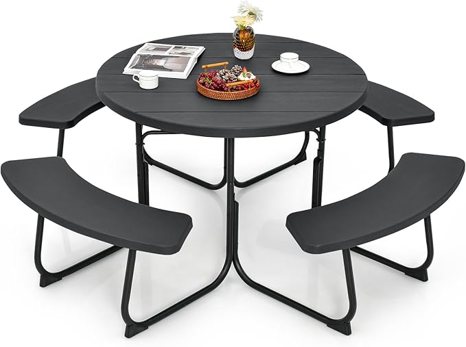 Coast Picknicktafel met 4 Banken - Rond - 8 Personen - Max. 225 kg per Bank - Ø190cm x 76 cm - Zwart