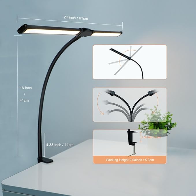 Skoov Led-Bureaulamp voor Kantoor Thuis, Heldere Dubbele Kop Bureaulamp met 3 Kleuren Traploos Dimbaar, Lamp Flexibele Zwanenhals Bureauverlichting voor Architect Thuiskantoor USB 5V