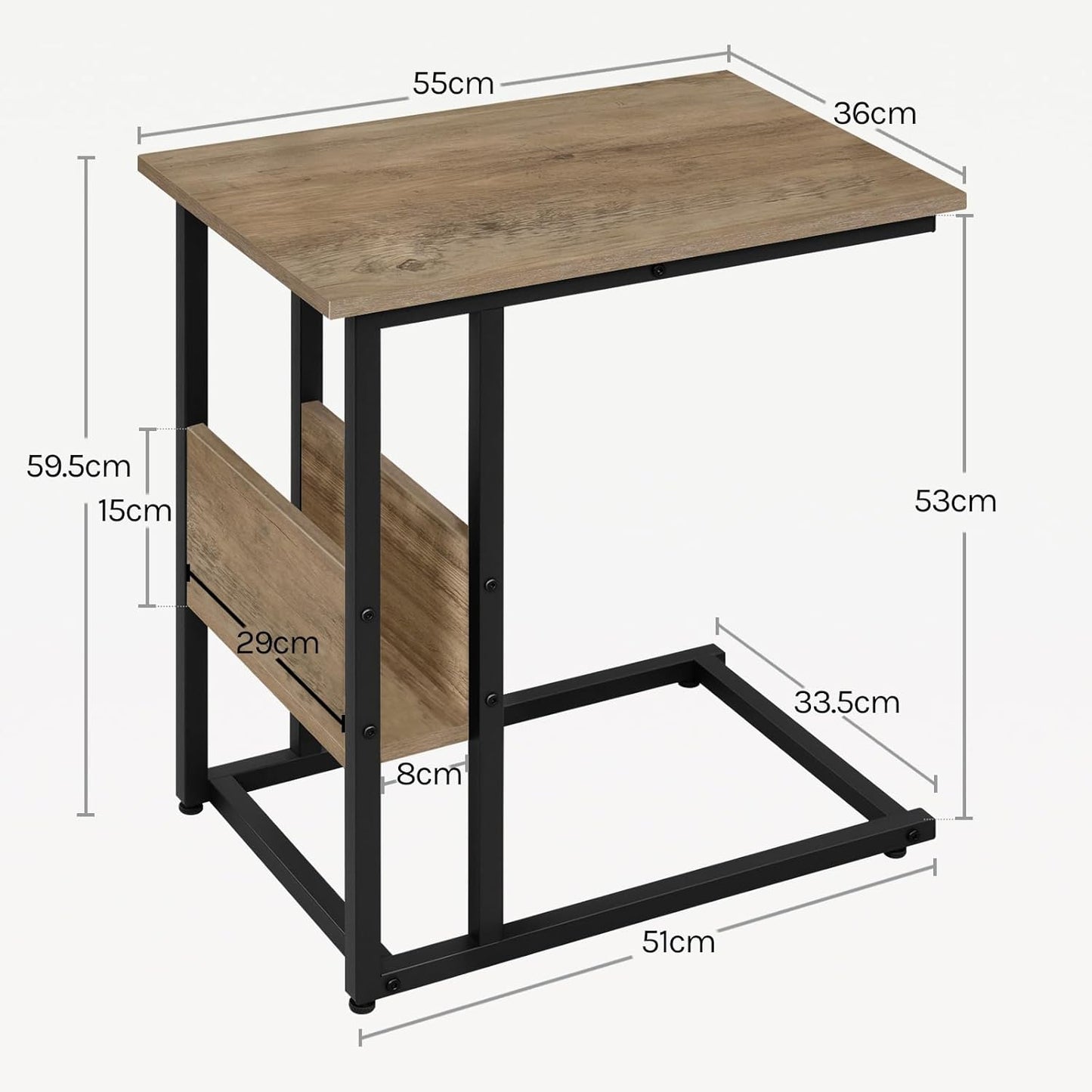 Woltu C-vormige Bijzettafel met Opbergrek - Grijze Houtlook - Metaal - 55 x 36 x 59,5 cm