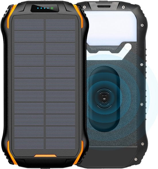 LifeGoods Powerbank - 26.800 mAh - Zonne-energie - Draadloos - Slimme Zaklamp - Stof- en Waterdicht - IK02 - Oranje/Zwart