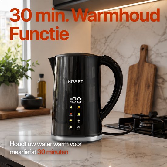 KRAFT Waterkoker met Temperatuurregeling - 1,7 Liter - LED Touch - Zwart - 2200W