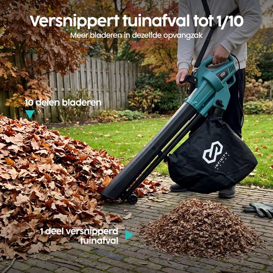 Infinity Goods Elektrische Bladblazer en Zuiger - 3500W - Versnipperfunctie - 45L Opvangzak - Op Snoer - 280 km/u Luchtsnelheid