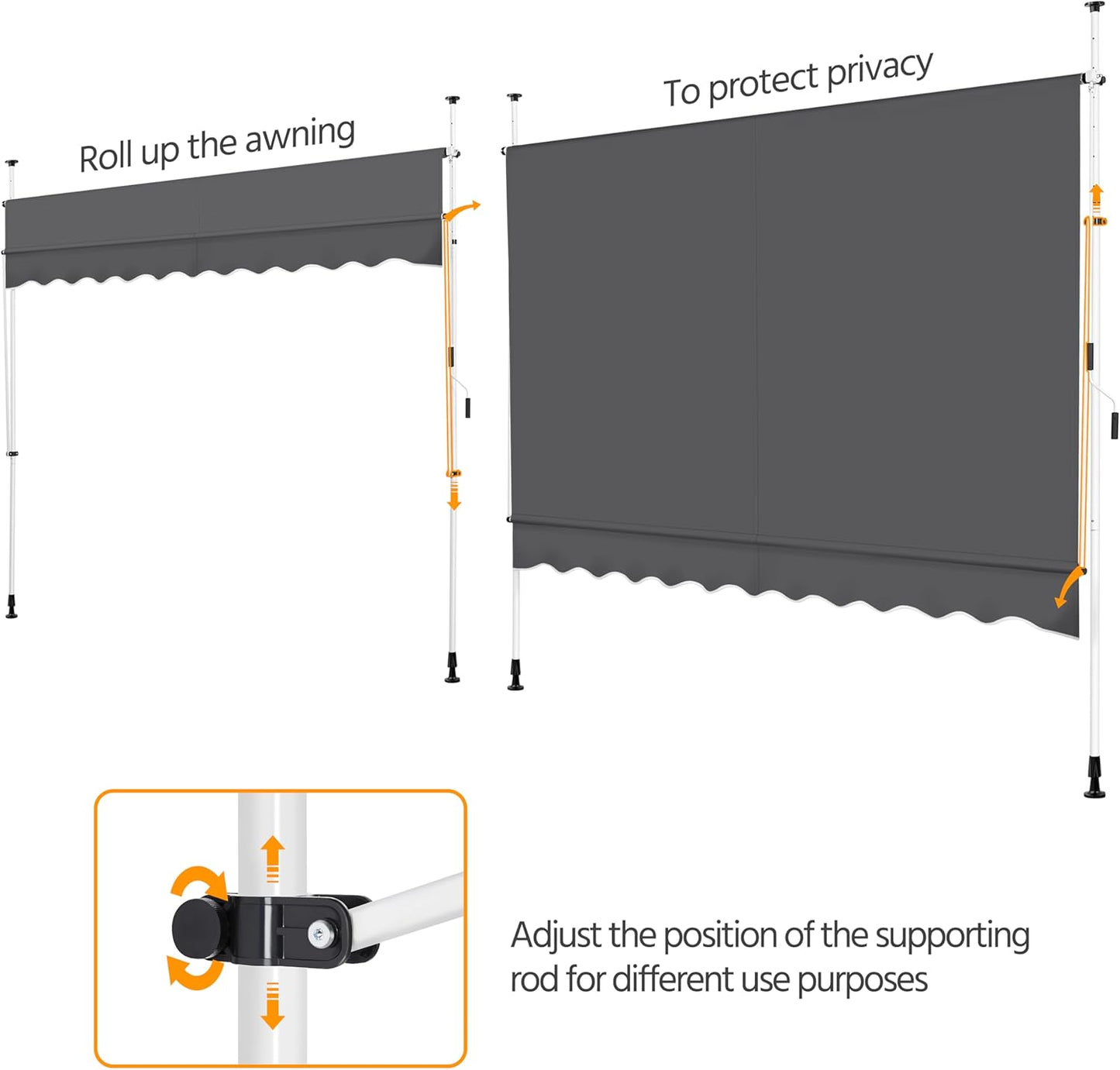 Yaheetech Zongordijn met Telescopisch Frame en Slinger - 300 x 120 cm - Verstelbare Hoogte 210-300 cm - UV-bestendig - Grijs
