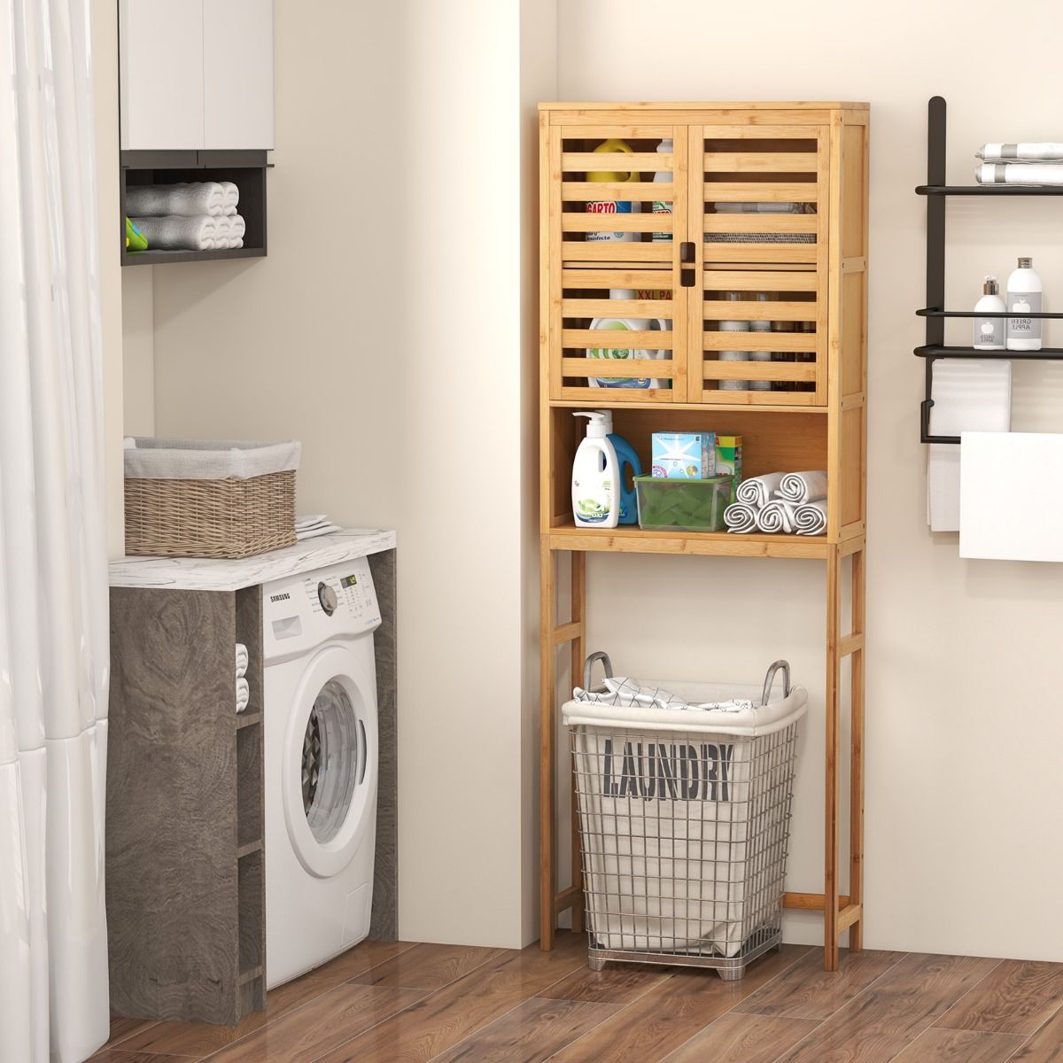 Coast Badkamerkast boven het toilet - hoge bamboe opbergkast met 2 deuren - ruimtebesparend - natuurlijk - 62 x 23 x 170 cm