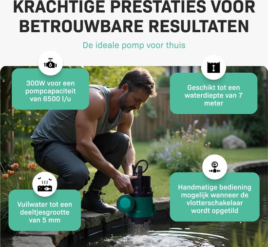 VONROC Dompelpomp/Waterpomp 300W – 6500l/h – Voor schoon en licht vervuild water – Met vlotter