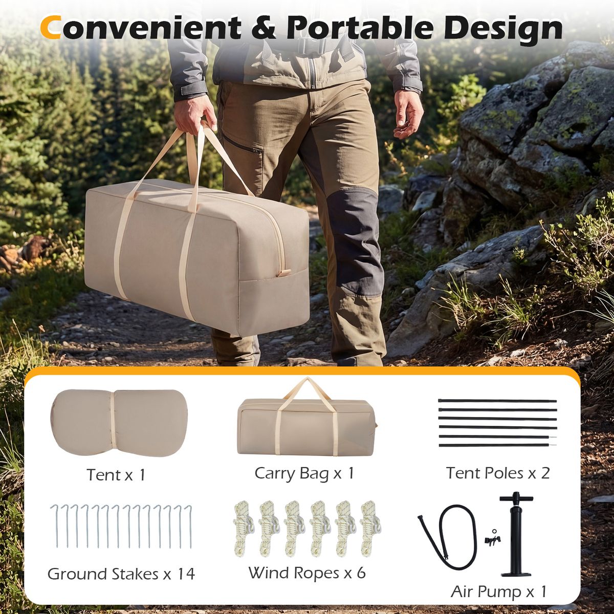 Coast Opblaasbare Campingtent - geschikt voor 4-6 personen - snel op te zetten - khaki 253 x 213 x 183 cm