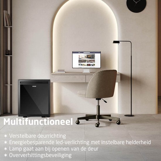 BREND BR-2227 Mini Koelkast 40L – Vrijstaand Tafelmodel Minibar met Instelbare Temperatuur, LED Verlichting & Verstelbare Deur – Zwart
