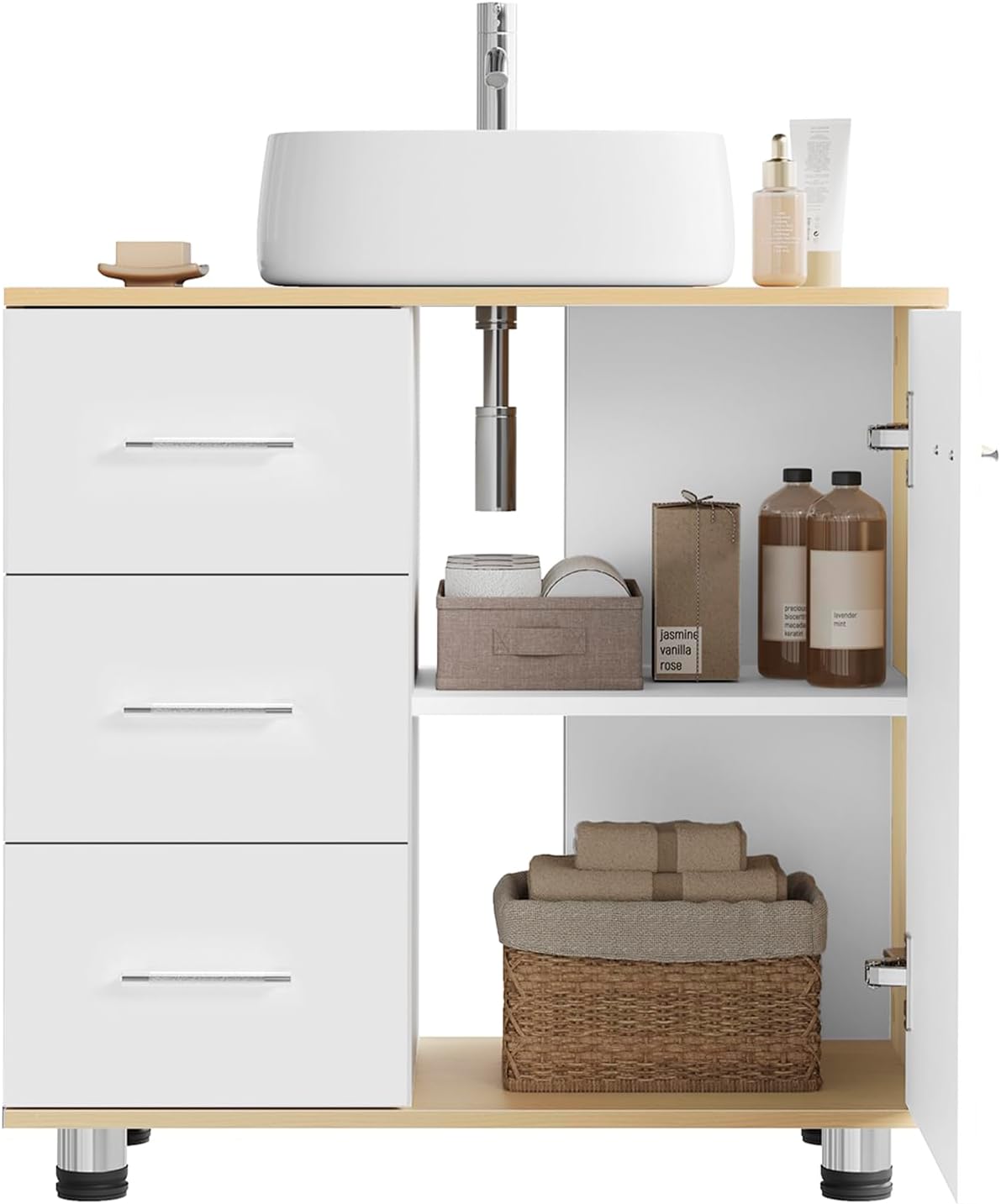 Eugad Badkamerkast Wit/Licht Eiken - 60 x 60 x 30 cm - 3 Lades - Verstelbare Plank