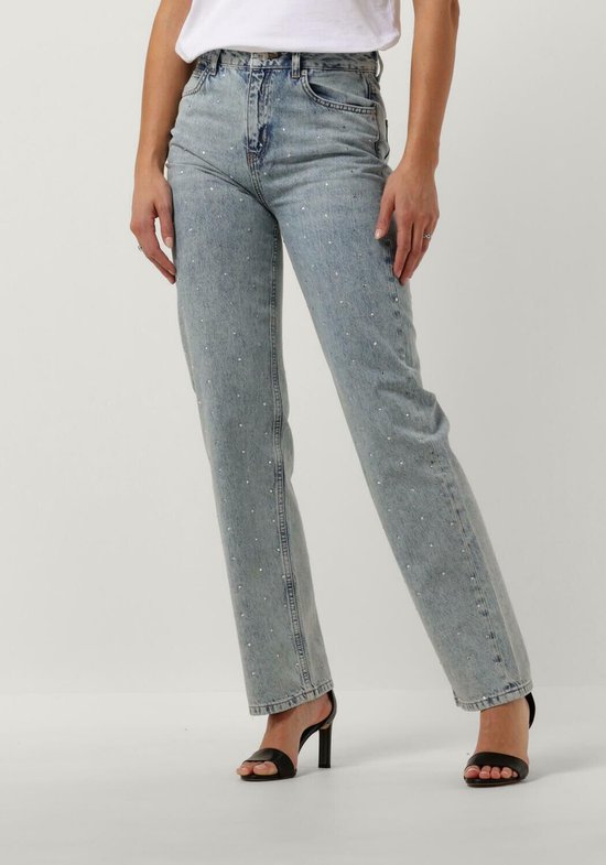 Colourful Rebel Jones - Strass Mid Rise Straight Leg Denim Broek - Blauw - Maat S - Stijlvolle Straight Fit Met Strass Steentjes