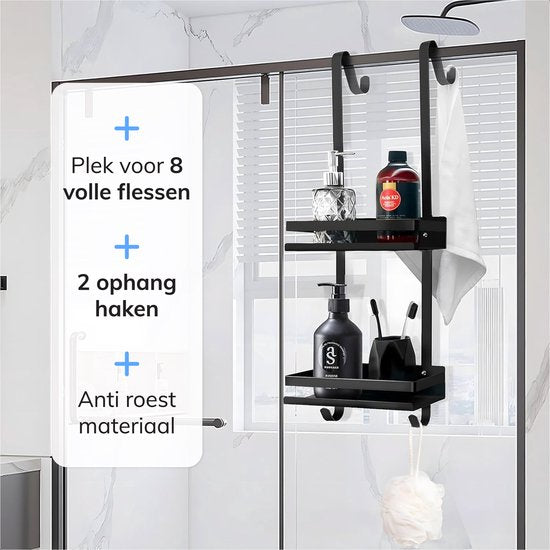 Doucherek - Telescopisch, hangend en ophangen zonder boren - 2 laags met haken - Zwart - Luft