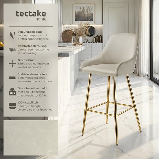 tectake® - Set van 2 Barkrukken Avane - Gestoffeerde Barkruk met rugleuning - Barstoelen - Ergonomische Barstoel met voetensteun - Eetkamerstoel met fluweellook bekleding - Stevige stalen poten met antislip vloerbescherming - Crème/Goud