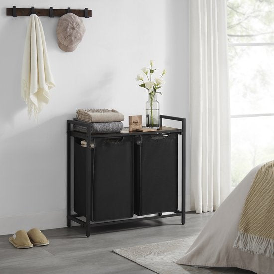O'DADDY® Wasmand 2 vakken – uitschuifbare wassorteerder met plank - 73 x 33 x 72 cm – metaal - zwart met bruin