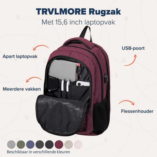 TRVLMORE Rugzak met Levenslange - Rugtas met 15,6 Inch Laptopvak - Schooltas - Spatwaterdicht - Heren en Dames - Jongens en Meisjes - 28L - Burgundy